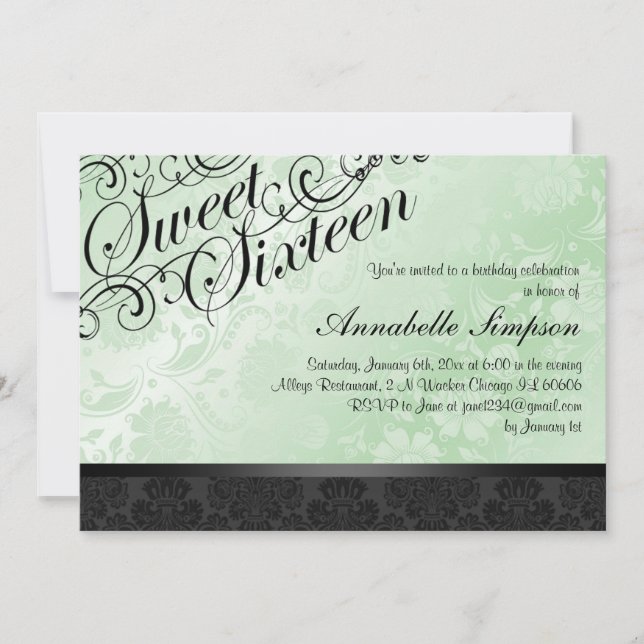 Invitation floral chic vert et noir de la damassé (Devant)