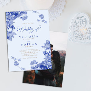 Invitation Floral Chinoiserie bleu clair avec Mariage photo