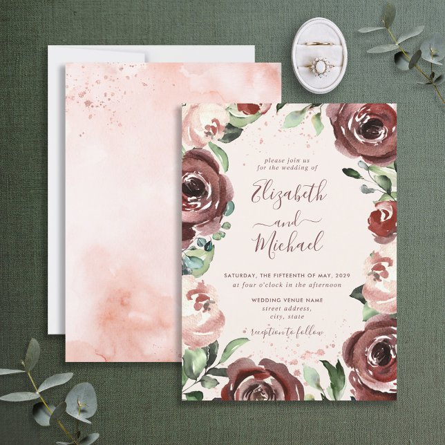 Invitation Floral Cinnamon Rose Dusty Rose or Aquarelle (Créateur téléchargé)