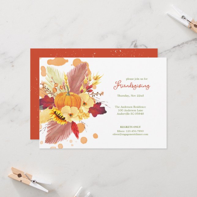 Invitation Floral Citrouille Friendsgiving Thanksgiving (Devant/Arrière en situation)