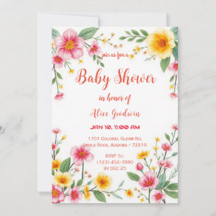 Invitation Floral coloré avec Baby shower rose et jaune