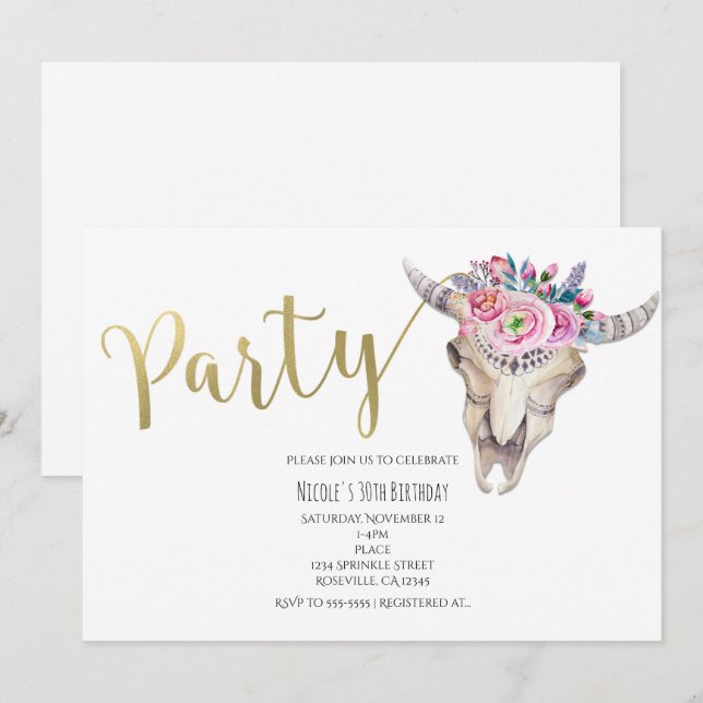 Invitation Floral Cow Skull Gold Boho PARTY (Devant / Derrière)