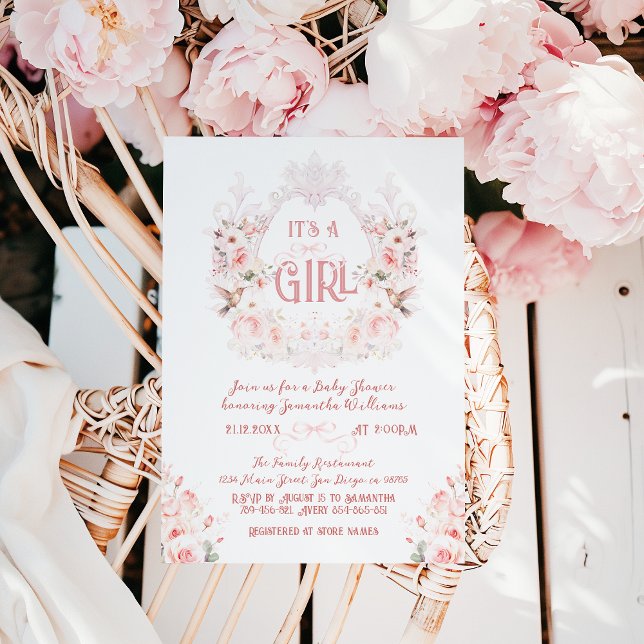 Invitation Floral Crest Blush Pink C'est un Baby shower fémin (Créateur téléchargé)