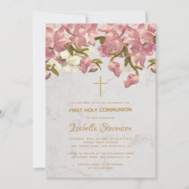 Invitation Floral Croix rose Orchidées Marbre Première commun (Devant)