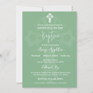 Invitation Floral Cross Baptism Sage Green