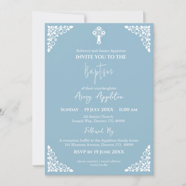 Invitation Floral Cross Baptism Sky Blue (Front)
