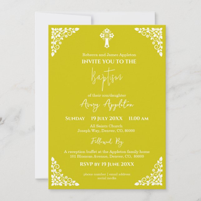 Invitation Floral Cross Baptism Yellow (Front)