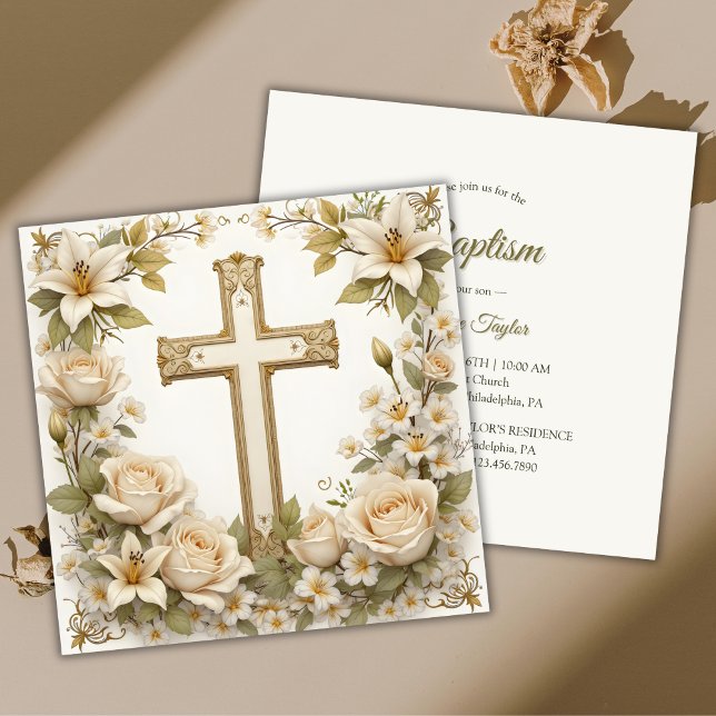 Invitation Floral Cross Catholique Baptême Christening (Floral Cross Catholic Baptism Christening Invitation)