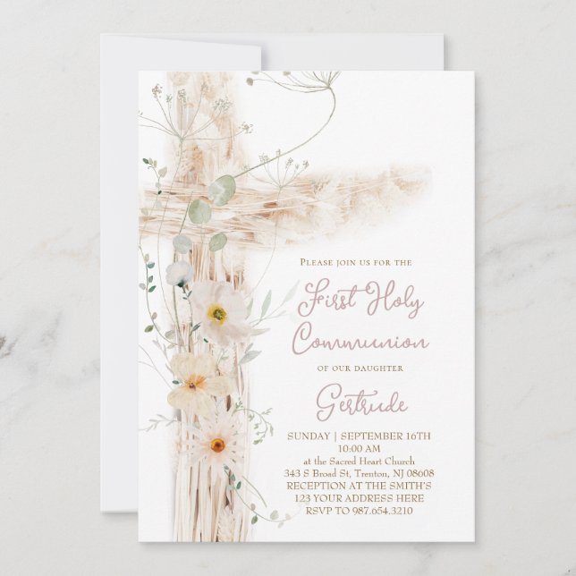 Invitation floral cross First Holy Communion (Devant)