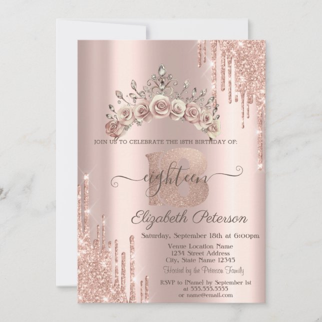 Invitation Floral Crown Glitter Drips Rose Gold 18th  (Devant)