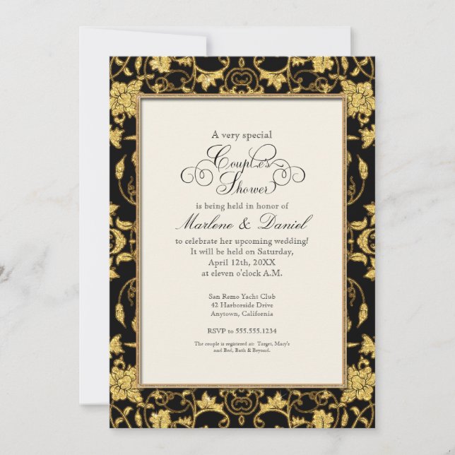 Invitation Floral Damask Parties scintillant Gold Elegant Cou (Devant)