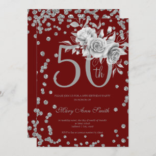 Invitation Floral d'argent et Confetti 50e anniversaire Bourg