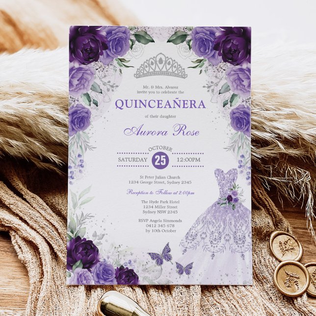 Invitation Floral d'argent violet Quinceañera Mis Quince Anos (Créateur téléchargé)