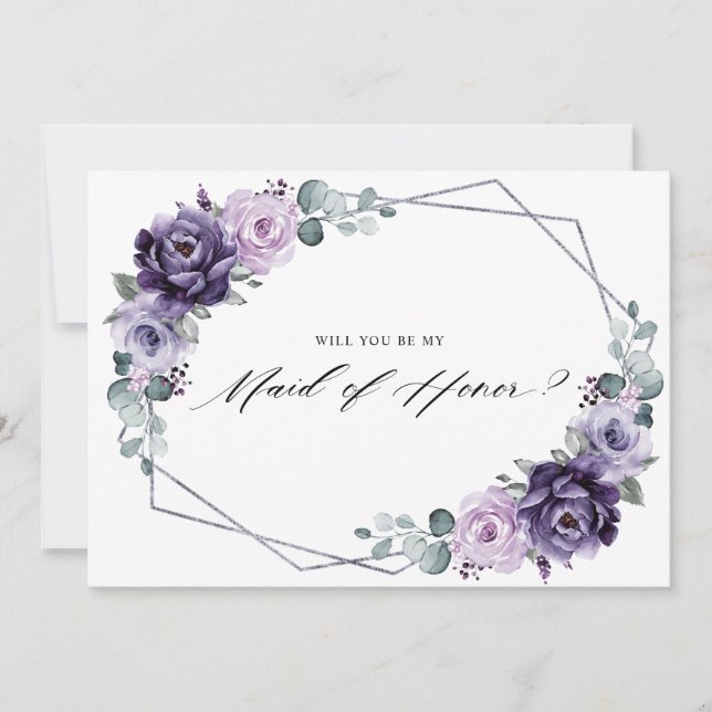 Invitation Floral d'argent violet serez-vous ma femme d'honne (Devant)