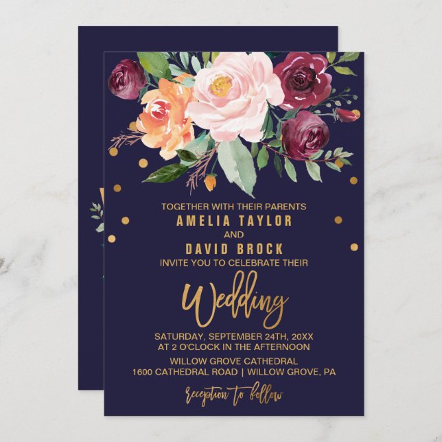 Invitation Floral d'automne avec typographie Backing Mariage (Devant / Derrière)
