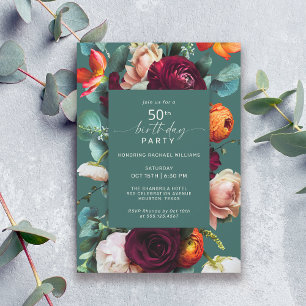 Invitation Floral d'automne moderne Turquoise 50e fête d'anni