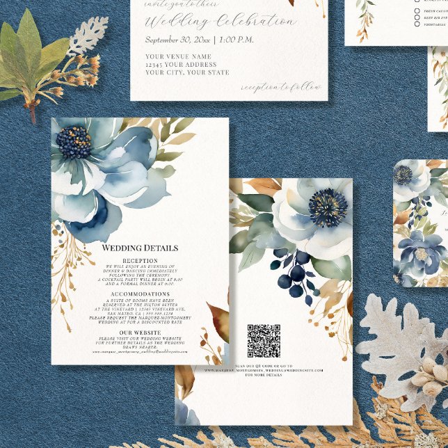 Invitation Floral de automne moderne Elégant bleu et ivoire D (Créateur téléchargé)