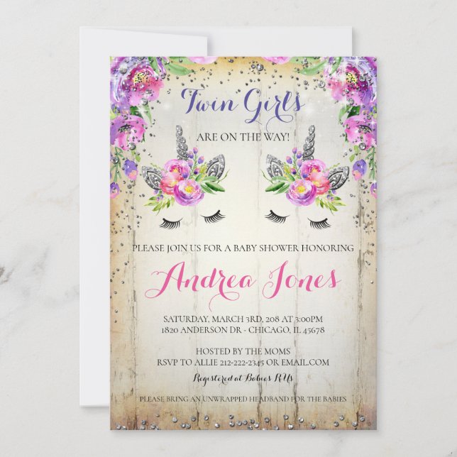 Invitation floral de baby shower de licorne de (Devant)