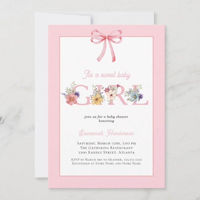 Invitation Floral de Bow rose C'est un Baby shower de fille (Devant)