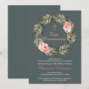 Invitation floral de communion rose-gris