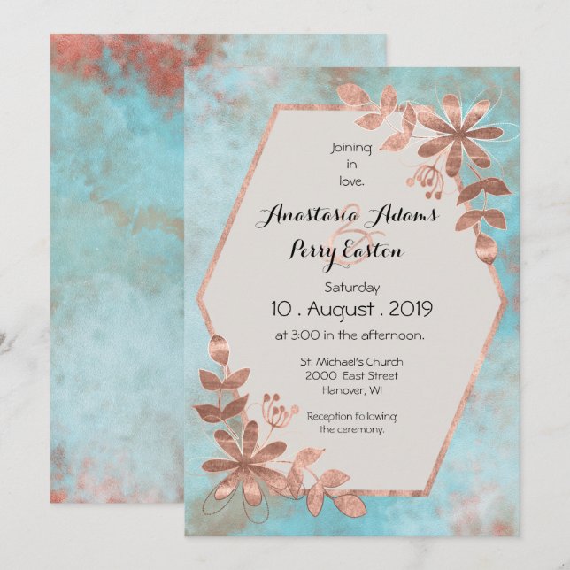 Invitation Floral de cuivre sur Mariage Turquoise d'aquarelle (Devant / Derrière)