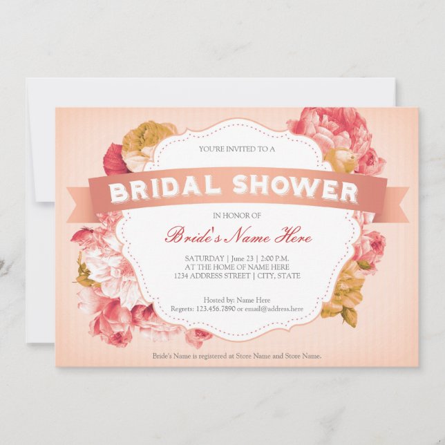 Invitation floral de Fête de la mariée de pêche (Devant)