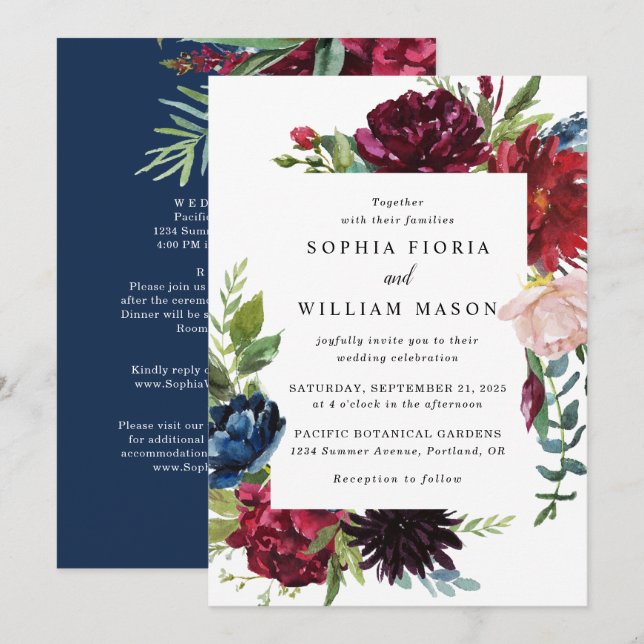 Invitation Floral de la marine de Bourgogne en un seul Faire- (Devant / Derrière)