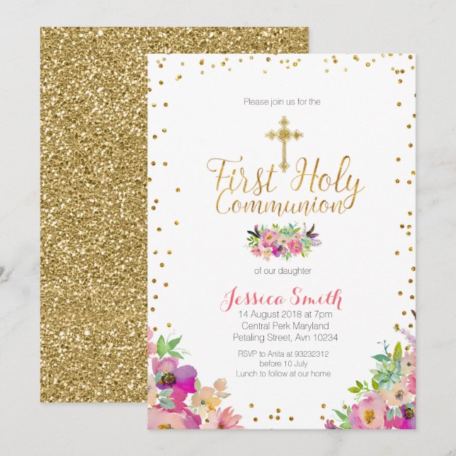 invitation floral de la Première Sainte Communion (Devant / Derrière)