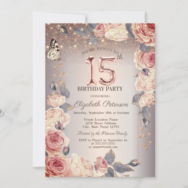 Invitation Floral de luxe, Papillon, Lumières 15ème anniversa (Devant)