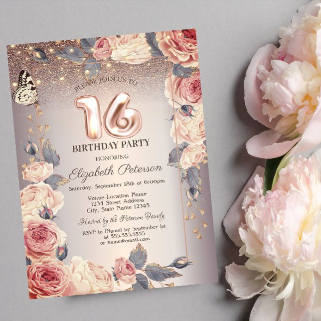 Invitation Floral de luxe, Papillon, Lumières 16ème anniversa (Créateur téléchargé)