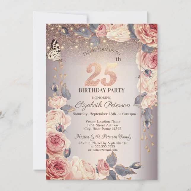 Invitation Floral de luxe, Papillon, Lumières 25e anniversair (Devant)