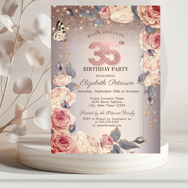 Invitation Floral de luxe, Papillon, Lumières 35e anniversair (Créateur téléchargé)