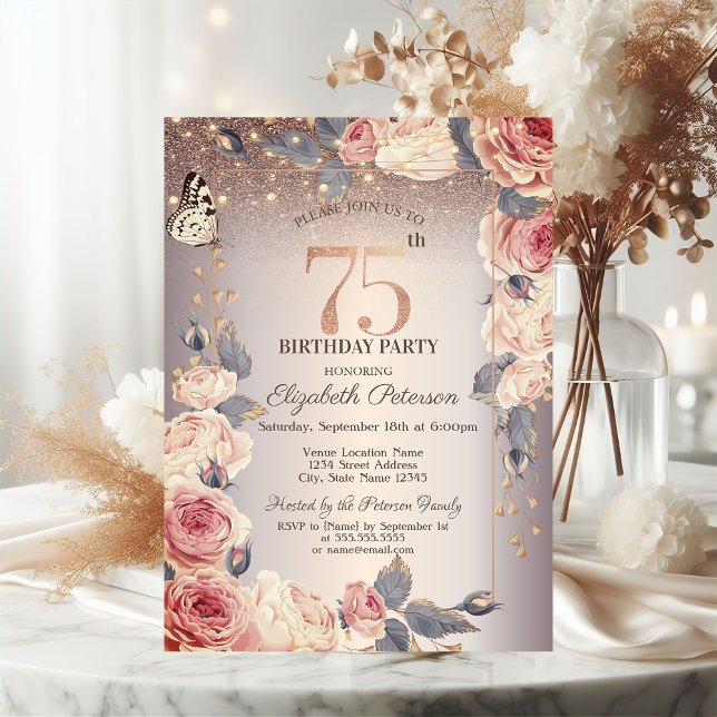 Invitation Floral de luxe, Papillon, Lumières 75e anniversair (Créateur téléchargé)