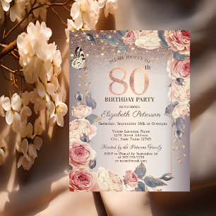 Invitation Floral de luxe, Papillon, Lumières 80e anniversair