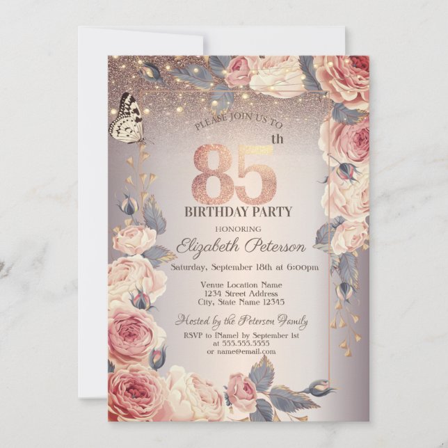 Invitation Floral de luxe, Papillon, Lumières 85e anniversair (Devant)