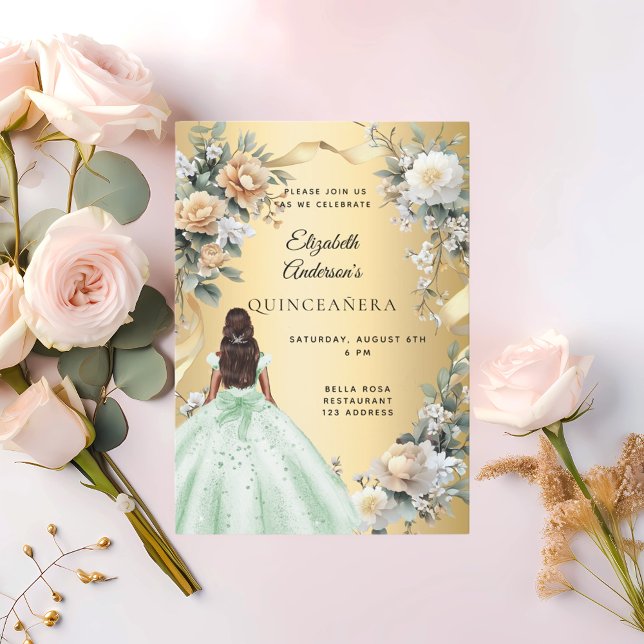 Invitation Floral de robe vert or Quinceanera (Créateur téléchargé)