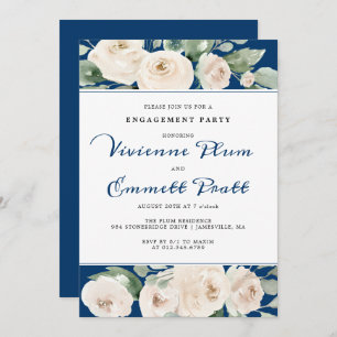 Invitation Floral de Rose blanche sur la Navy Blue Engagement
