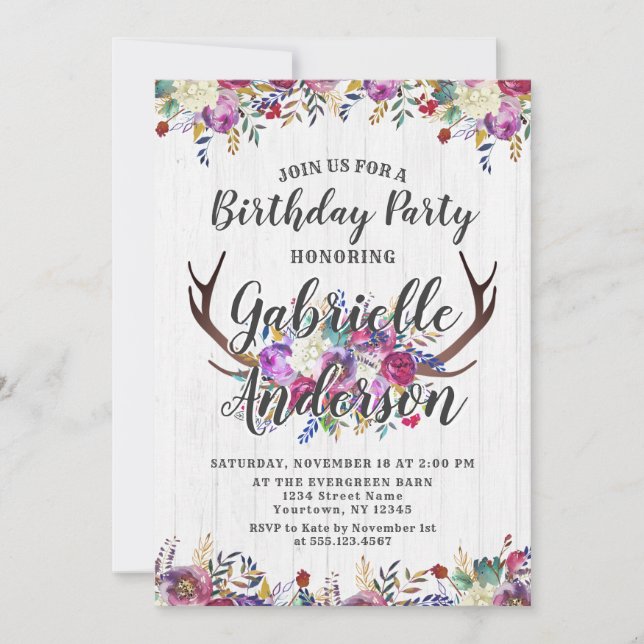 Invitation Floral Deer Antler Chic Anniversaire Fête Invitati (Devant)