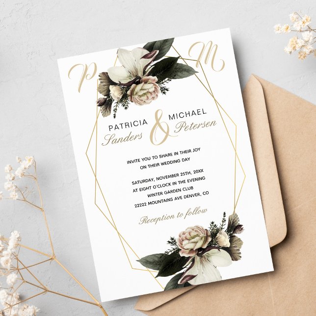 Invitation Floral d'hiver élégant or mariage géométrique (Créateur téléchargé)