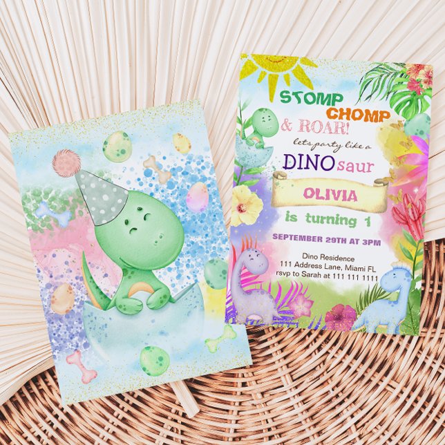 Invitation Floral Dinosaur Fille tropicale 1ER Anniversaire (Créateur téléchargé)