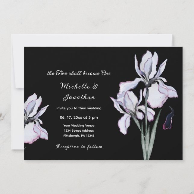 Invitation Floral d'Iris blanc sur Mariage chrétien noir (Devant)