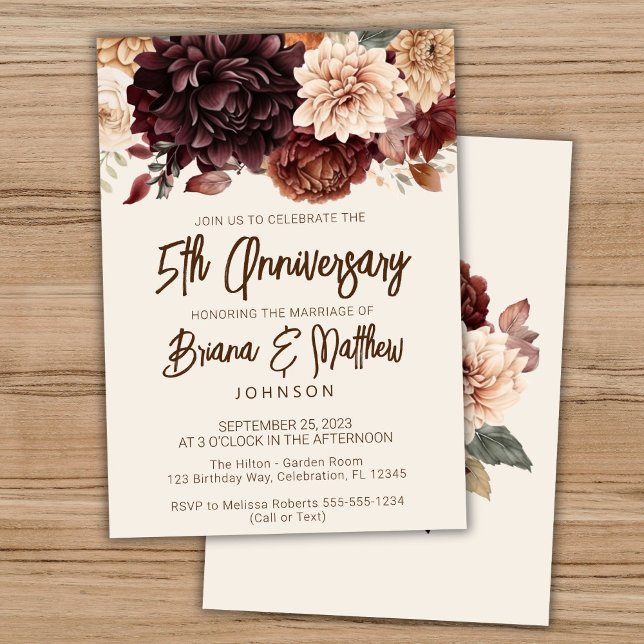 Invitation Floral d'ivoire beige Brown 5e anniversaire Mariag (Créateur téléchargé)