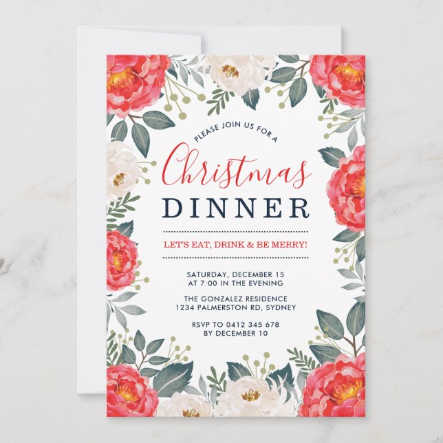 Invitation Floral d'ivoire rouge d'hiver | Dîner de Noël fest (Devant)