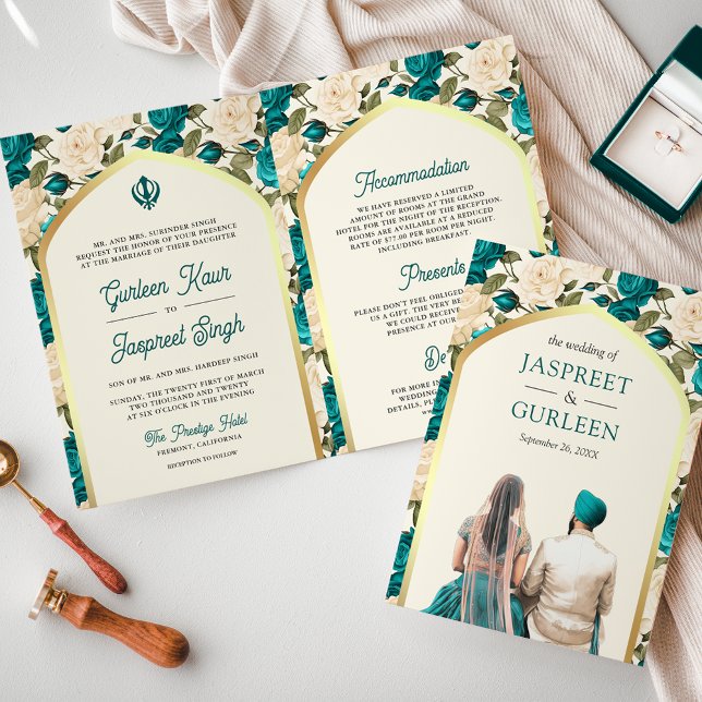 Invitation Floral d'ivoire turquoise tout en un Mariage sikh (Créateur téléchargé)