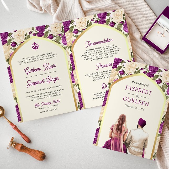 Invitation Floral d'ivoire violet tout en un Mariage sikh (Créateur téléchargé)
