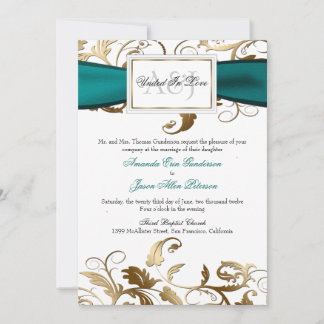 Invitation Floral d'or avec Bow Turquoise