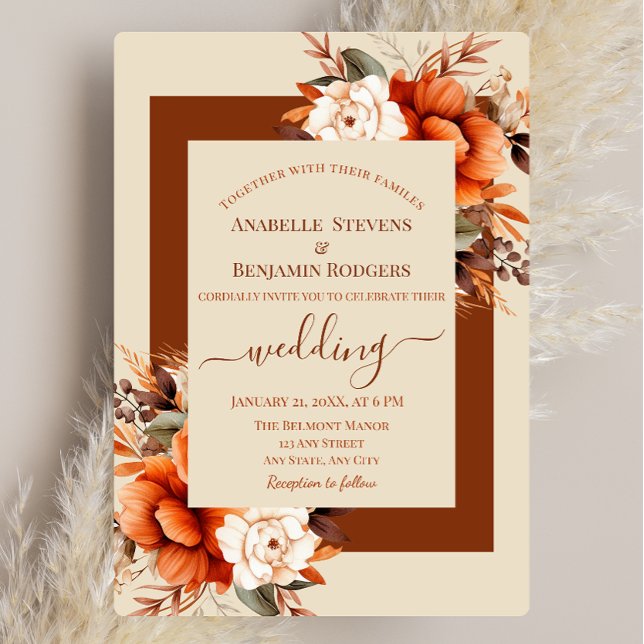 Invitation Floral d'orange brûlé et de rouille avec Mariage d (Créateur téléchargé)