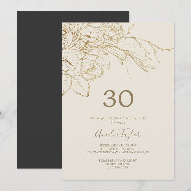 Invitation Floral doré | 30e anniversaire de Cream and Gold (Devant / Derrière)
