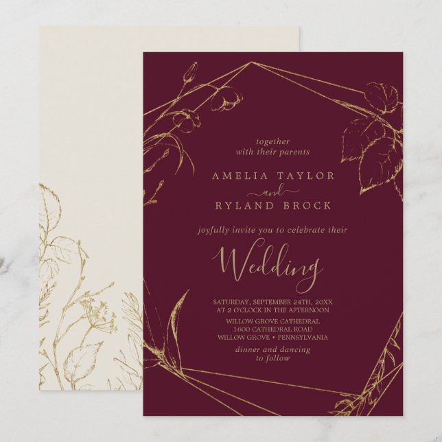 Invitation Floral doré | Bourgogne et Mariage d'or (Devant / Derrière)