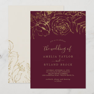 Invitation Floral doré   Bourgogne et or Le Mariage de